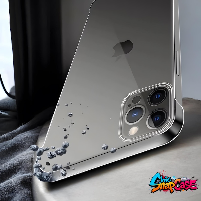 May include: A clear phone case with a silver frame, showcasing the phone's design. Water droplets appear to be on the case. The Chic Snap Case logo is visible in the bottom right corner. The case is designed to protect the phone.