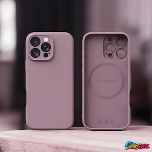 May include: Two mauve phone cases, one showing the exterior with camera cutouts and the other revealing the interior with a circular design and the text "YCAREY". The cases are displayed on a wooden surface.