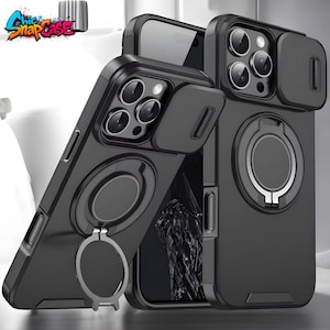 May include: Black phone cases with a camera lens cover and a ring holder. The cases have a sleek design and feature the text "Chic SnapCase" in a colorful, graffiti-style font.