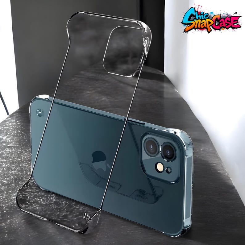 May include: A clear, transparent phone case is shown, partially covering a teal-colored smartphone. The case has a sleek, minimalist design, with precise cutouts for the camera and buttons. The brand name "Chic SnapCase" is visible in the upper right corner.