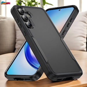 May include: Black phone case with a matte finish, featuring a triple-lens camera cutout and side buttons. The case is designed to protect the phone and has a sleek, modern look. The phone's screen displays a blue and white image.