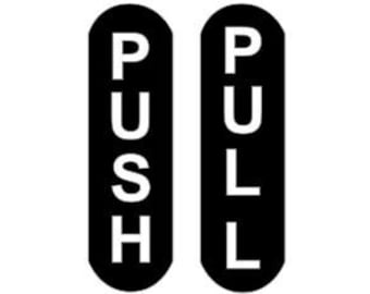 Push Pull Decal - Rounded rectangle - Black background with White vertical text