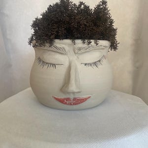 Peut inclure: Un pot de fleurs en céramique gris clair en forme de visage humain avec les yeux fermés, de longs cils, des sourcils définis et des lèvres peintes en rouge. Le pot contient une plante dense, brun foncé et texturée rappelant des cheveux.