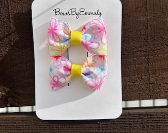 MINI Pigtail Bows - Bright Summer Flowers - Set of 2 Bows