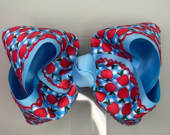 Back to School Boutique Bow - Blue Gingham with Red Apples