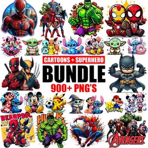 Könnte beinhalten: Eine Sammlung von PNG-Bildern von Cartoon- und Superhelden-Charakteren. Das Bild zeigt Charaktere wie Spider-Man, Hulk, Batman und Charaktere von Disney und Pokémon. Der Text lautet "Cartoons + Superhero Bundle 900+ PNG's".