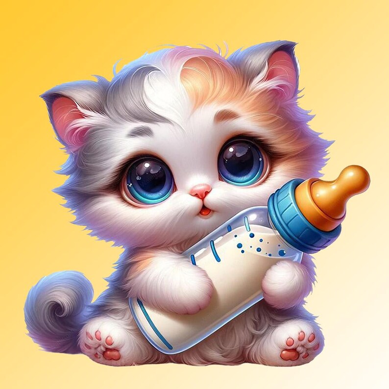 May include: A cute cartoon kitten with large blue eyes and a pink nose, holding a baby bottle filled with milk. The kitten has white, gray, and orange fur and is sitting on a yellow background.