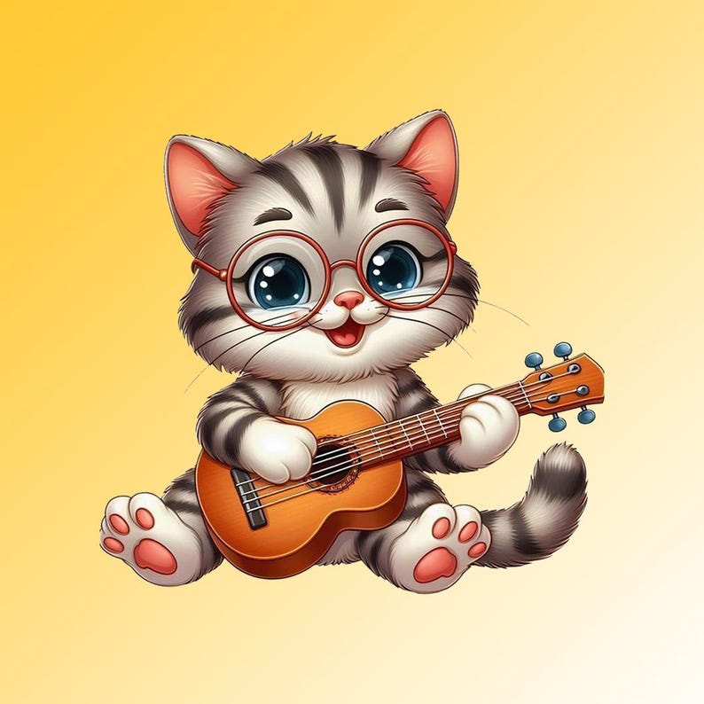 May include: A cartoon illustration of a gray tabby cat wearing red-rimmed glasses, playing a small brown ukulele. The cat has big blue eyes and a happy expression, set against a yellow gradient background.