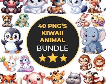 40 Kawaii Clipart Bundle Png, süße Kawaii svg, Chibi Charakter Designs, süße Kawaii Tier Bundle Png, Tier Clipart, Kawaii Aufkleber, Png