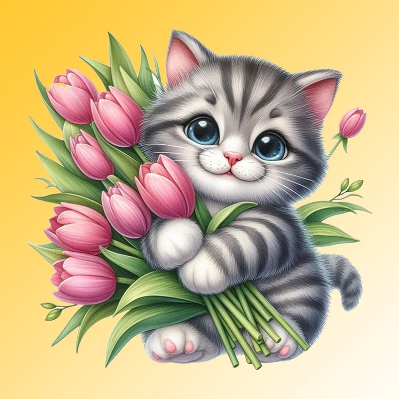 May include: A cute cartoon kitten with gray and white striped fur, holding a bouquet of pink tulips with green stems and leaves. The kitten has big blue eyes and a pink nose, set against a yellow background.