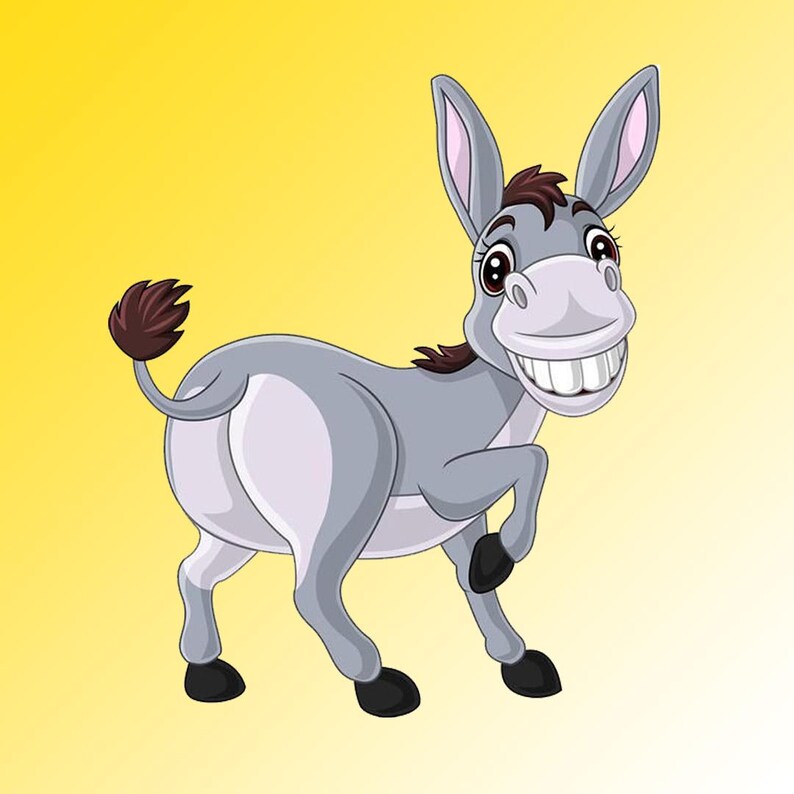 May include: Cartoon illustration of a smiling donkey with gray fur, a white muzzle, and large teeth. The donkey has black hooves, a brown tail, and a yellow background.