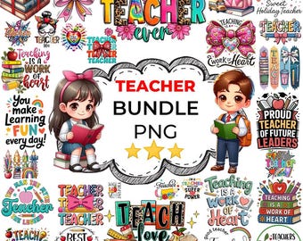 Puede incluir: Una colección de gráficos PNG coloridos con temática de profesores. La imagen incluye ilustraciones de libros, lápices, lazos y niños, con texto como "Best Teacher Ever" y "Teach Love Inspire".