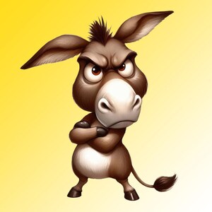 May include: A cartoon illustration of a grumpy donkey with crossed arms. The donkey has brown fur, a white belly, and a stern expression. The background is a gradient of yellow.