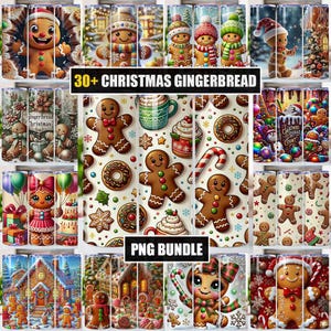 Può includere: Una collezione di design di bicchieri a tema natalizio con omini di pan di zenzero, case e motivi festivi. I design includono il testo "30+ CHRISTMAS GINGERBREAD" e "PNG BUNDLE". I bicchieri presentano una varietà di elementi festivi.