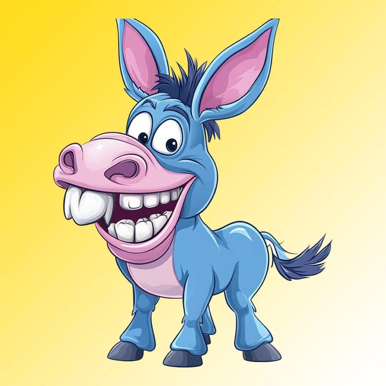 May include: A cartoon illustration of a smiling donkey with blue fur, large pink ears, and a pink nose. The donkey has a wide grin, showing its teeth. The background is a gradient of yellow.