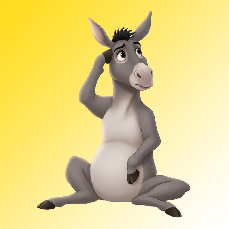 May include: A cartoon illustration of a gray donkey sitting with a thoughtful expression. The donkey has a light gray belly, black hooves, and a dark tuft of hair. It is touching its head with one hoof, set against a yellow gradient background.