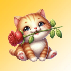 May include: A cute cartoon kitten with orange and white fur, holding a red rose in its mouth. The kitten has big blue eyes and is sitting down. The background is a gradient of yellow.