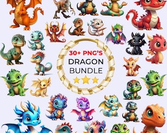30+ Fantasy Dragons Png Bundle, Magical Fairytale Dragon, Watercolor Dragon Clipart, Nursery Print, Designs for Mug Sublimation, Dragon Png