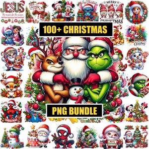 May include: A collection of Christmas-themed PNG images featuring Santa Claus, the Grinch, reindeer, and other holiday characters. The text "100+ CHRISTMAS PNG BUNDLE" is displayed prominently. Various designs include cartoon characters and festive decorations.