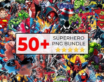May include: A colourful collage of superhero characters, including Spider-Man, Hulk, and Deadpool. The image features the text "50+ SUPERHERO PNG BUNDLE" with star ratings. The background is a mix of comic book art.