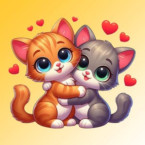May include: A digital illustration of two cartoon kittens hugging. One is orange with blue eyes, the other is gray with green eyes. Red hearts float around them against a yellow background.