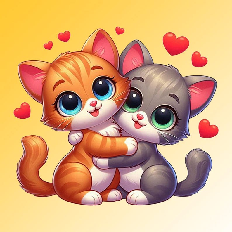 May include: A digital illustration of two cartoon kittens hugging. One is orange with blue eyes, the other is gray with green eyes. Red hearts float around them against a yellow background.