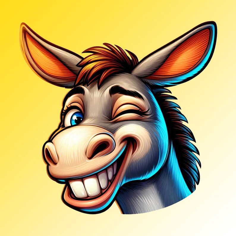 May include: A cartoon illustration of a smiling donkey with a winking eye. The donkey has gray fur, a brown mane, and large white teeth. The background is a gradient of yellow.