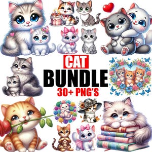 May include: A digital art bundle featuring various cartoon cats in different poses and styles. The image includes cats with bows, flowers, and hearts. Text reads "CAT BUNDLE 30+ PNG'S".