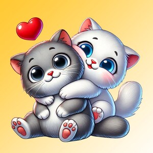 May include: A digital illustration of two cartoon kittens hugging. One kitten is gray and white, the other is white. A red heart floats above them against a yellow background. The kittens have large blue eyes and pink noses.