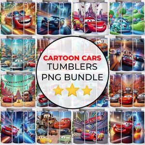 May include: A collection of cartoon car-themed tumblers. The tumblers feature various designs, including smiling red race cars, cityscapes, and the text "CARTOON CARS TUMBLERS PNG BUNDLE". The tumblers are cylindrical and appear to be made of stainless steel.