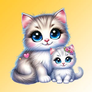 May include: An illustration of two cartoon kittens with large blue eyes. The larger kitten has gray and white fur, a pink heart on its side, and a small gold star. The smaller kitten has a floral headband.