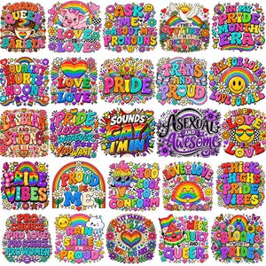 Puede incluir: Una colección de veinticinco pegatinas coloridas con varios diseños temáticos del Orgullo, arcoíris, flores y eslóganes que incluyen Proud Queer Barista, Love is Love, Ask Me About My Pronouns, Trans and Proud y Pride Vibes.