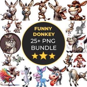 May include: A collection of cartoon donkey illustrations in various poses and expressions. The image includes a central circular graphic with the text "FUNNY DONKEY 25+ PNG BUNDLE" and three gold stars. The donkeys are in different colors and styles.