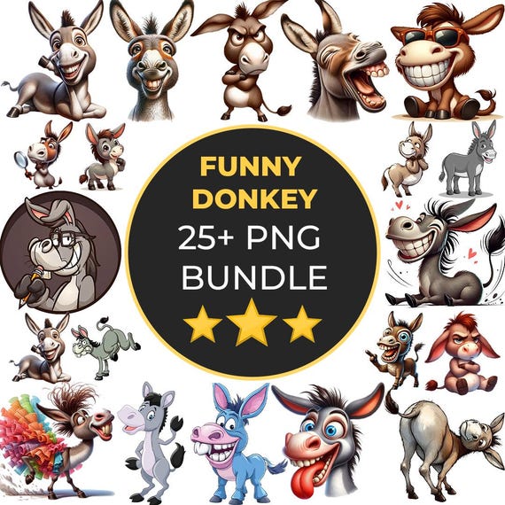 25+ Funny Donkey Png Bundle, Cute Donkey Clipart, Watercolor Funny Cartoon Animal Png Bundle, Crazy Donkeys Svg, Funny Donkey Sublimation