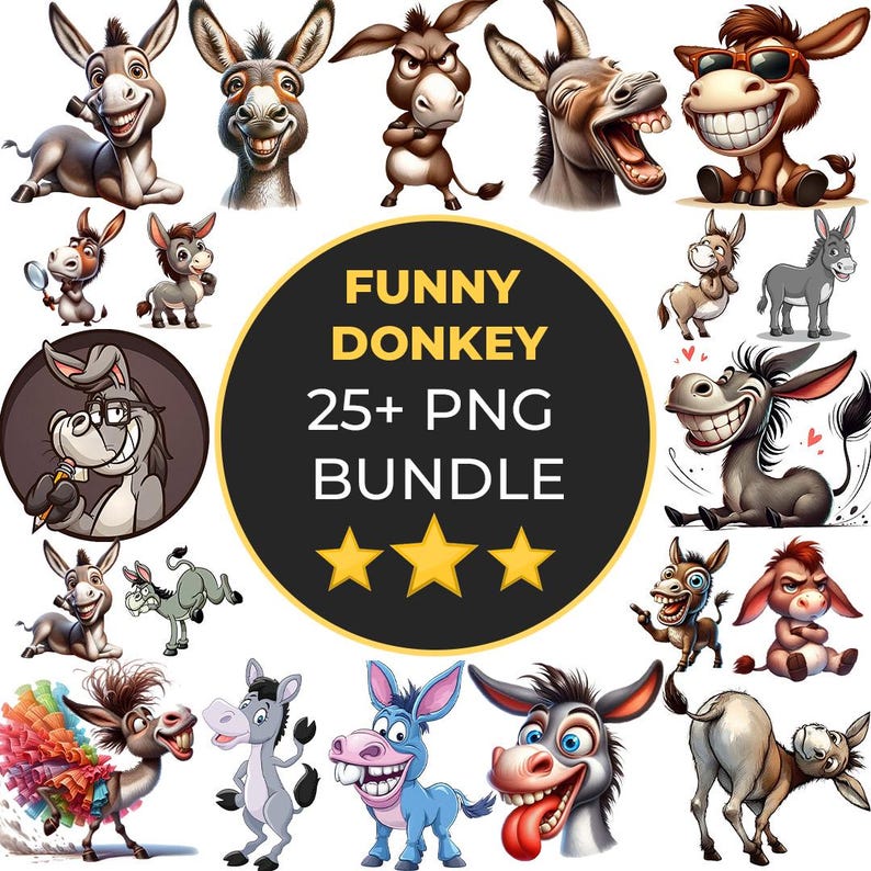 May include: A collection of cartoon donkey illustrations in various poses and expressions. The image includes a central circular graphic with the text "FUNNY DONKEY 25+ PNG BUNDLE" and three gold stars. The donkeys are in different colors and styles.