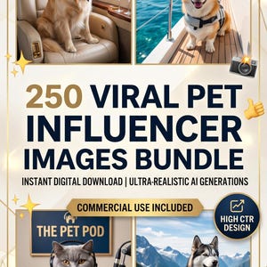 May include: Digital image bundle showcasing pets in different scenarios. Includes a golden retriever in a private jet, a corgi on a yacht, a cat at a podcast studio, and a husky on a mountain. Text reads "250 Viral Pet Influencer Images Bundle."