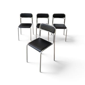 Bauhaus-designade kromade rörformade stålstolar, svart konstläder, italiensk modernistisk matsal