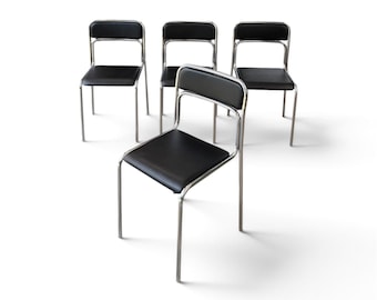 Bauhaus design Chrome Tubular Steel Chairs, black  Faux Leather, Italian Modernist Dining