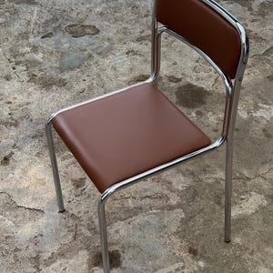 Bauhaus Chrome Tubular Steel Chairs, Brown Faux Leather, Italian Modernist Dining
