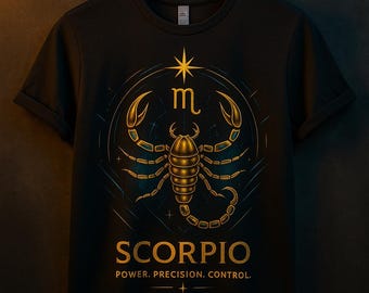 Scorpio Zodiac T-Shirt – “Power. Precision. Control.” Gold Scorpio Astrology Tee, Zodiac Sign Art Shirt, Gothic shirt , Unisex Bella+Canvas
