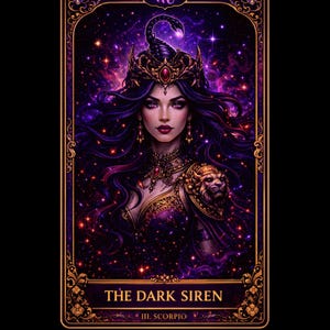 May include: A tarot card illustration featuring a woman with long, dark hair and a crown, set against a starry purple background. The card is framed with ornate gold detailing and the text "THE DARK SIREN" and "III. SCORPIO".