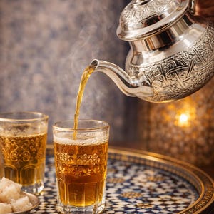 Peut inclure: Une théière en argent verse du thé dans un verre. Deux verres de thé sont posés sur un plateau décoratif avec un bol de morceaux de sucre. Le thé est de couleur ambre chaud, et de la vapeur s'élève de la théière.