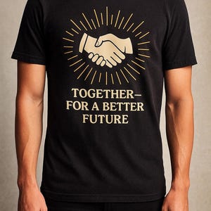 Könnte beinhalten: Schwarzes T-Shirt mit einer goldenen Grafik von Händedruck und Strahlenlinien. Der Text "TOGETHER - FOR A BETTER FUTURE" steht darunter. Das T-Shirt wird von einer Person getragen.