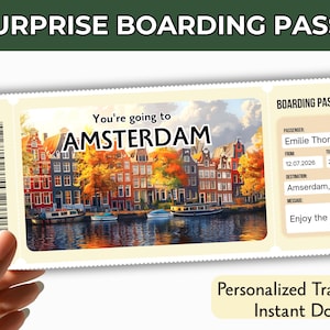 Plantilla de tarjeta de embarque para Ámsterdam / Regalo sorpresa de viaje a los Países Bajos / Anuncio de viaje personalizado / Billete digital editable (descarga instantánea)