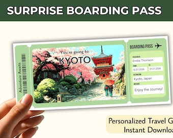 May include: A rectangular surprise boarding pass featuring a green border and a central illustration of a red pagoda surrounded by cherry blossoms. The text reads You're going to KYOTO, Adventure Awaits, Boarding Pass, Emilie Thomson, 12.07.2026, 21.07.2026, Kyoto, Japan, and Enjoy the Journey!