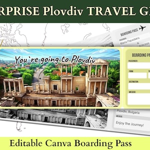 May include: A travel-themed graphic with the text "SURPRISE Plovdiv TRAVEL GIFT" and "You're going to Plovdiv." The image includes a boarding pass design with space for details and a scenic view of Plovdiv, Bulgaria.