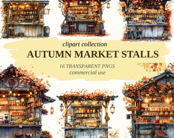 Imágenes prediseñadas de puestos de mercado de otoño: Gráficos PNG de la cosecha de otoño (descarga digital)