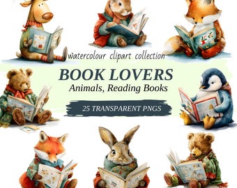 Cozy Winter Animals Reading Clipart: Watercolor Book Lover PNG (Digital Download)