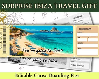 Modello di carta d'imbarco per Ibiza / Regalo di viaggio a sorpresa in Spagna / Biglietto digitale personalizzabile e modificabile (download immediato)