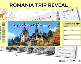 Romania Trip Reveal Boarding Pass, Surprise Vacation Ticket, Editable Canva Travel Gift, Instant Download